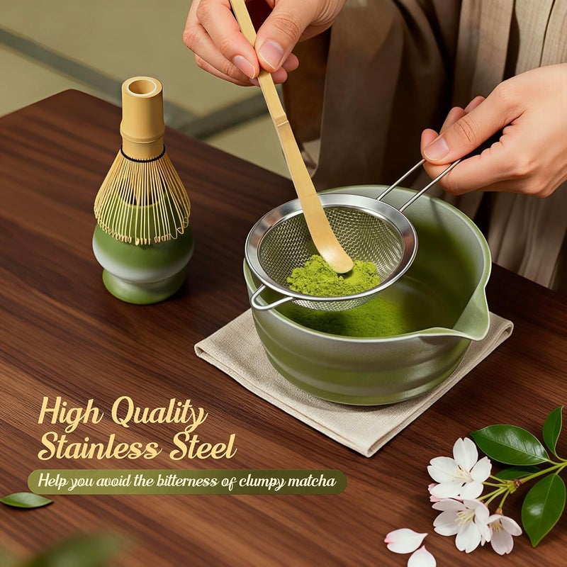 Possiave 5 Pcs Gradient Green Matcha Set - Ceramic Bowl, Bamboo Chasen, Holder, Scoop & Sifter for Tea Ceremony Enthusiasts, Matcha Whisk Set for Tea Lovers - Image 3